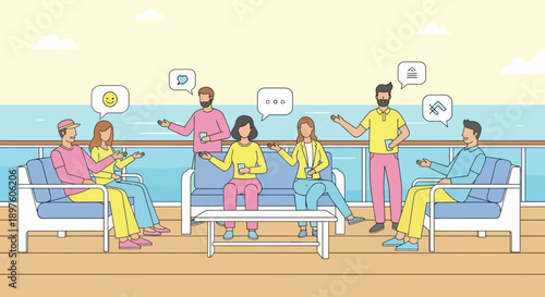 Diverse Group Interacting on Outdoor Deck with Social Media Icons