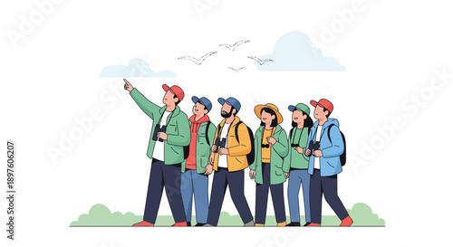 Diverse Group Observing Nature With Binoculars And Pointing Out Sightings