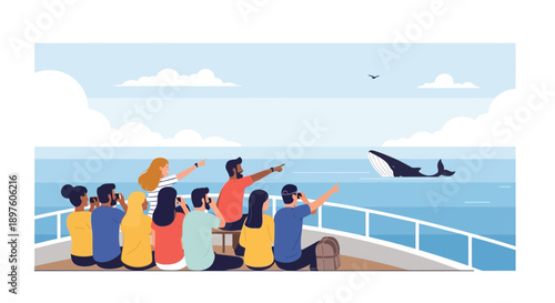 Diverse Group Observes Majestic Whale Breach During Scenic Ocean Excursion