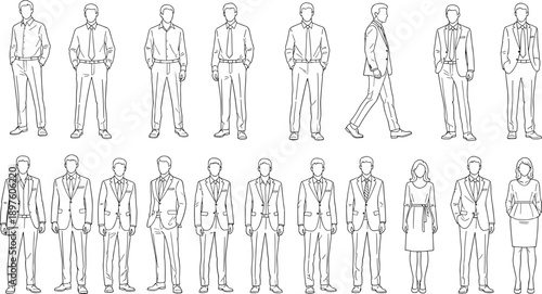 Business people outline vector illustration set of men and women standing and walking poses for corporate character design stock use