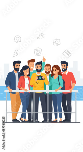 Diverse Group of Friends Enjoying a Scenic Waterfront View Together