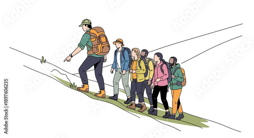 Diverse Group Of Hikers Ascending A Scenic Mountain Trail Together