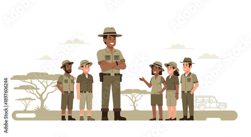 Diverse Group Of Safari Guides Standing Together In Savanna Landscape