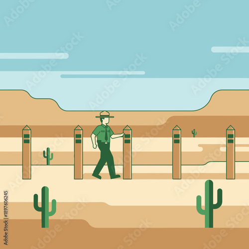 Desert Ranger Patrol Amongst Cacti And Dusty Dunes