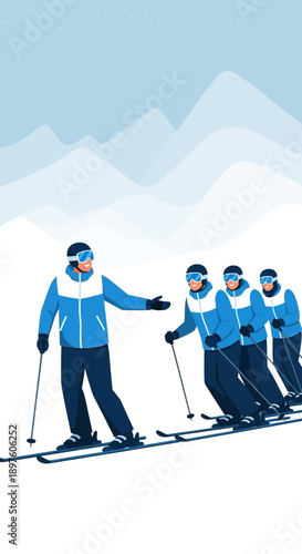 Diverse Group Skiing Down Snowy Mountain Slope Practicing Together