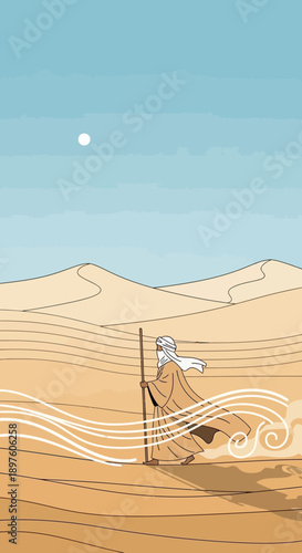 Desert Wanderer Journey Through Vast Sand Dunes Under Sun