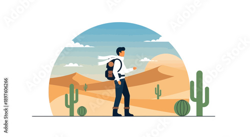 Desert Wanderer Navigating Sandy Dunes Under a Vast Sky
