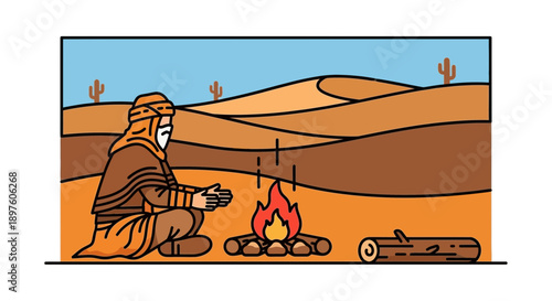 Desert Wanderer Warms Hands By Campfire Under Arid Dunes Sky