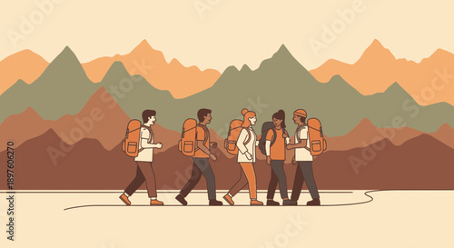 Diverse Group Trekking Through Mountain Landscape