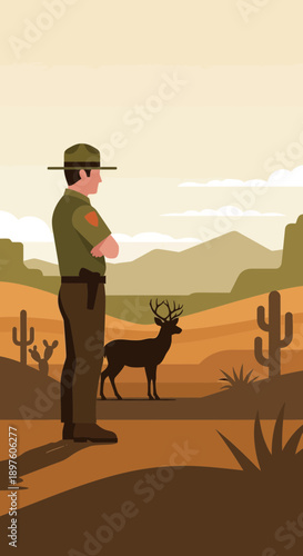 Desert Wildlife Ranger Observing Majestic Buck Under Arid Sky