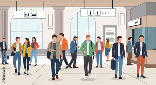 Diverse People Commuting Through a Busy Modern Transit Hub Station