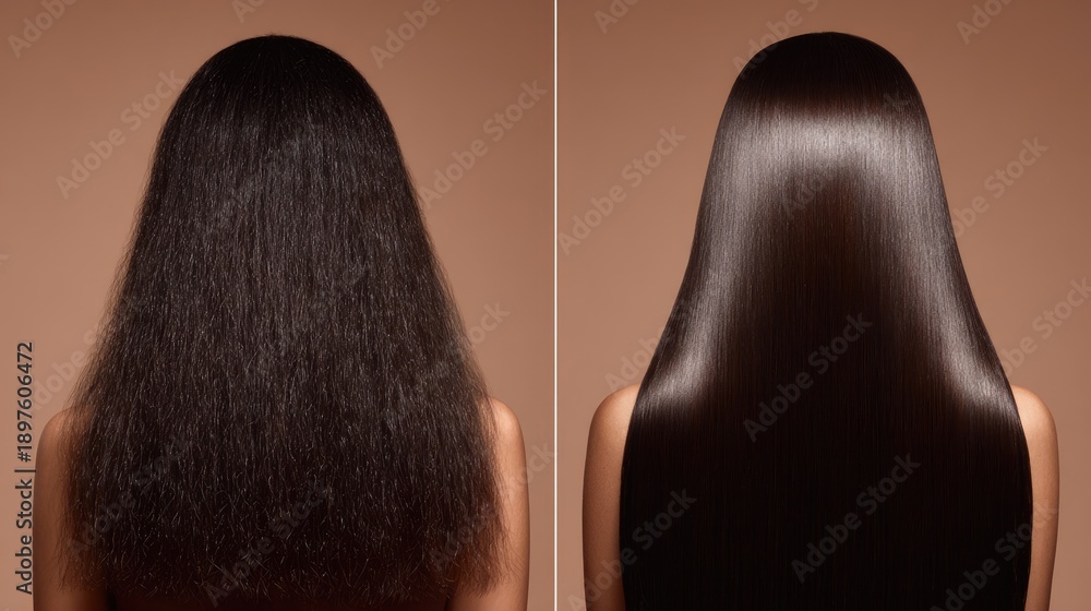 Fototapeta premium Before and After Comparison of Damaged and Smooth Shiny Hair Care Treatment