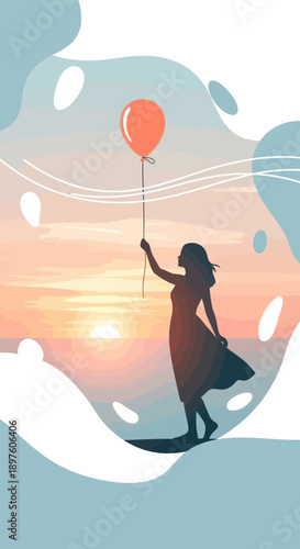 Dreamy Silhouette Of A Person Holding A Balloon At Sunset