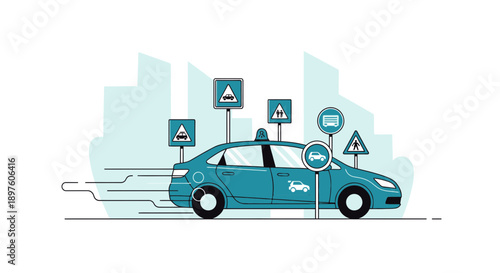 Driving School Car Navigating City Roads With Traffic Signs