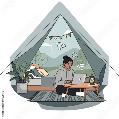 Digital Nomad Enjoying Remote Work In A Glamping Tent With Nature Views