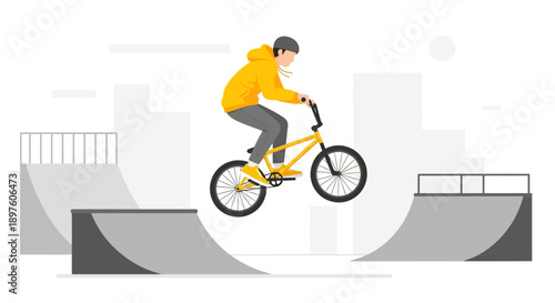Dynamic BMX Rider Airborne Over Skatepark Ramps