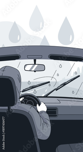 Driving Through A Stormy Downpour With Windshield Wipers Clearing The View