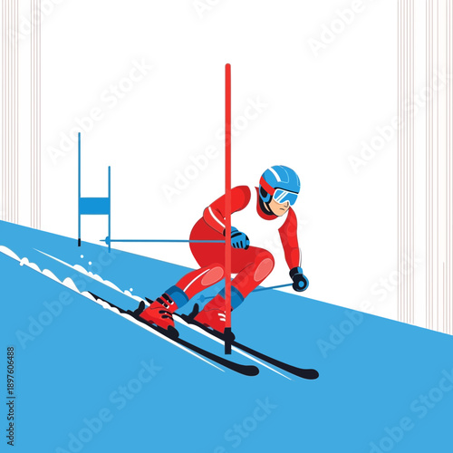 Dynamic Alpine Skiing Athlete Navigating Gates on Snowy Slopes