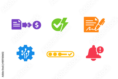 Lending automation icon set with six single-color vector icons. Ideal for fintech lending apps, automation platforms, dashboards, and modern UI design.