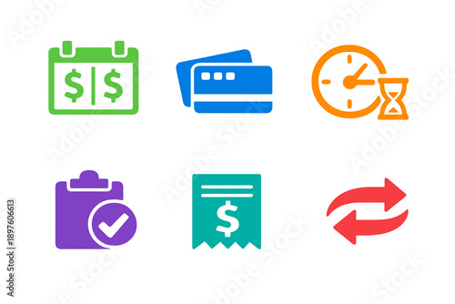 Buy now pay later BNPL icon set with six single-color vector icons. Ideal for ecommerce platforms, fintech apps, dashboards, and modern UI design.