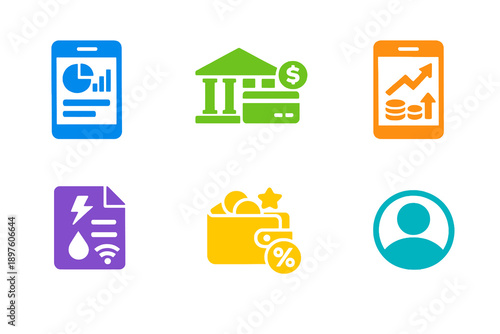 Monochromatic financial super app icons in flat vector style. Perfect for all in one finance apps, payment hubs, websites, and mobile interfaces.
