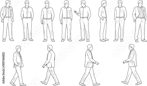 Businessman outline vector illustration set of male standing and walking poses for animation reference character design stock use commercial advertising