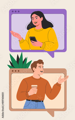 Smiling woman and man having online video call conference on computer screen illustration for remote business communication virtual meeting modern digital connection technology presentation social med