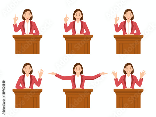 Confident woman speaker at podium giving presentation illustration set vector confident female presenting business strategy or legal case in court public speaking forum training coaching event corpora