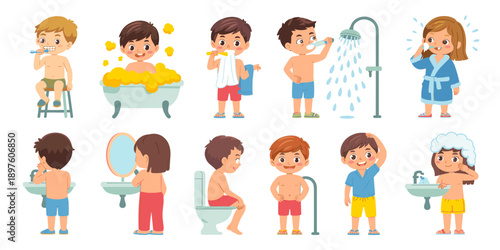 Cartoon Kids Hygiene Routine Set Illustration, Diverse Children Brushing Teeth, Bathing, Washing Face, Using Toilet in Bathroom for Personal Care, Health, Cleanliness Education Material, Pediatric Hea