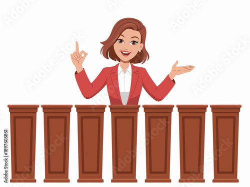 Confident cartoon woman giving presentation from podiums in a row professional speaker gesturing with hand explaining points for corporate training education event or political speech public speaking
