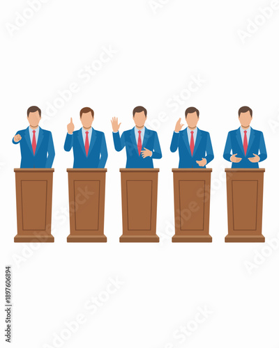Diverse business leader giving presentation at podium illustration confident speaker addressing audience in corporate conference meeting professional man presenting speech for marketing communication