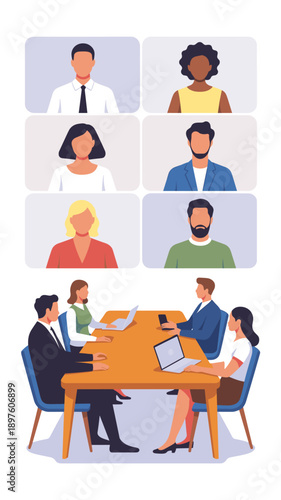 Diverse business team video conference call meeting on laptop computers and mobile phones remote work collaboration professional communication corporate presentation technology illustration for digita