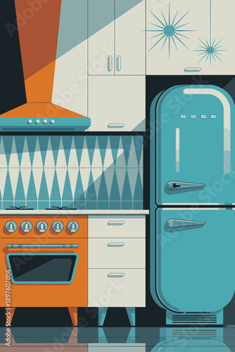 Retro kitchen interior illustration with classic appliances orange stove and blue refrigerator in mid century modern style clean minimalist design for home decor advertising and vintage lifestyle pres