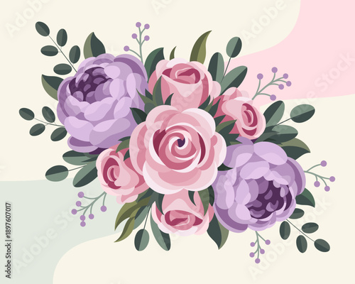 Elegant rose and peony bouquet floral arrangement graphic design element for wedding invitation card design romantic pastel colored flower illustration for valentine's day mothers day anniversary cele