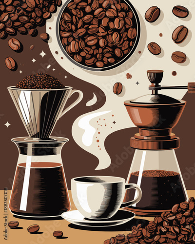 Aromatic coffee beans and vintage manual grinder preparing rich flavorful espresso in cozy cafe setting for morning ritual advertisement posters and coffee shop menu promotion beverage industry caffei