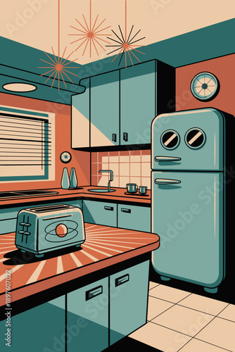 Stylish retro kitchen interior with classic appliances and design elements showcasing a vintage aesthetic and functional layout perfect for home decor blogs and mid-century modern design inspiration f