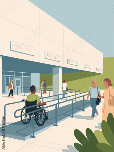 Diverse people entering modern building with wheelchair ramp and braille signage accessibility inclusivity for disability access awareness public service announcement graphic illustration for architec
