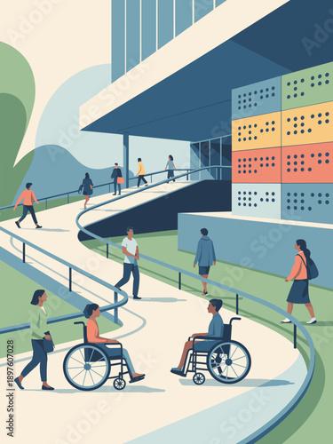 Inclusive modern city building with diverse people using ramp access and wheelchairs accessibility inclusion concept illustration for urban planning architecture design disability awareness community