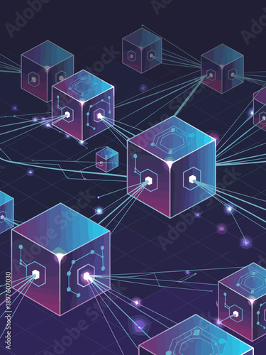 Isometric blockchain network connecting digital blocks data structure in futuristic cyberspace technology cryptocurrency concept for decentralized systems finance innovation marketing presentation bac