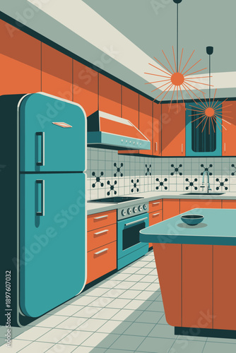 Retro kitchen interior design illustration with refrigerator oven and tiled backsplash vibrant modern home cooking space perfect for real estate marketing interior design blogs and vintage lifestyle c