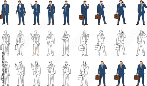 Collection of businessman characters in suit, vector illustration set, flat and line art style, various poses, isolated on white background