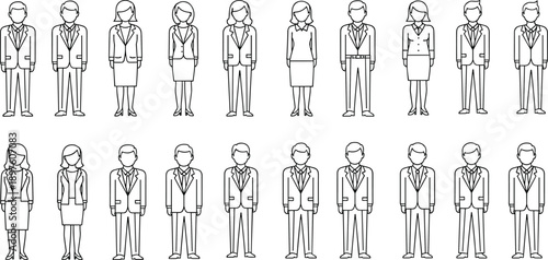 Collection of professional business people line icons standing together, diverse men and women in formal suits, minimalist vector illustration for office