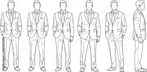 Elegant men suit line art illustration showing formal male fashion poses front and side views isolated vector outline set