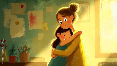 Mothers Day, Valentines Day, love holiday theme. A woman and a child embracing in a warm, homely setting. The woman wears a yellow dress, and the child wears a blue dress.