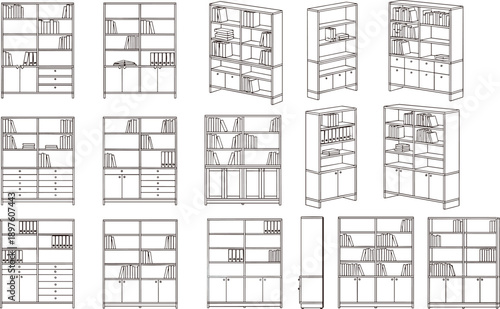 Line art bookcase furniture set, office cabinets shelves storage units, modern outline illustration for interior workspace design projects
