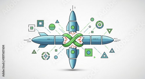 Blue Rockets Intertwined with Green Infinity Symbol and Geometric Shapes, Flat Design Vector Illustration on White Background