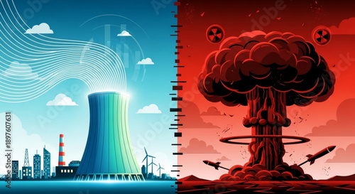 Nuclear Power Plant Clean Energy vs. Atomic Bomb Mushroom Cloud Destruction