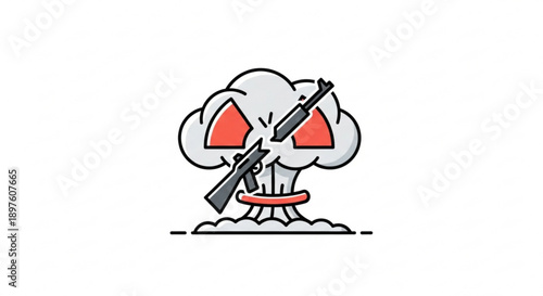 Anti-War Icon with Nuclear Mushroom Cloud, Crossed Out Rifle, and Radiation Symbol Vector Illustration