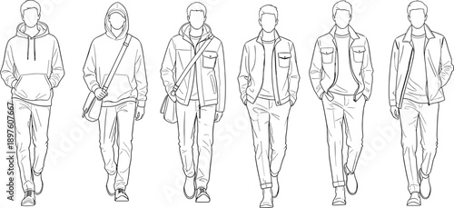 Men fashion line art illustration set with multiple casual walking poses, modern male outline vector figures isolated white background design