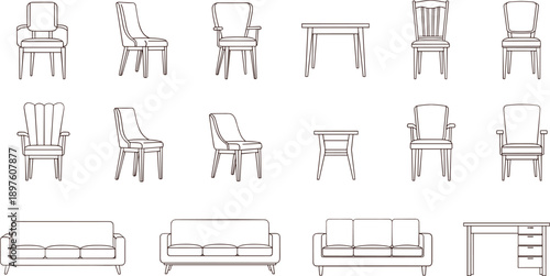 Minimal line art furniture set, chairs sofas tables desk icons, modern outline illustration for interior design and UI projects use